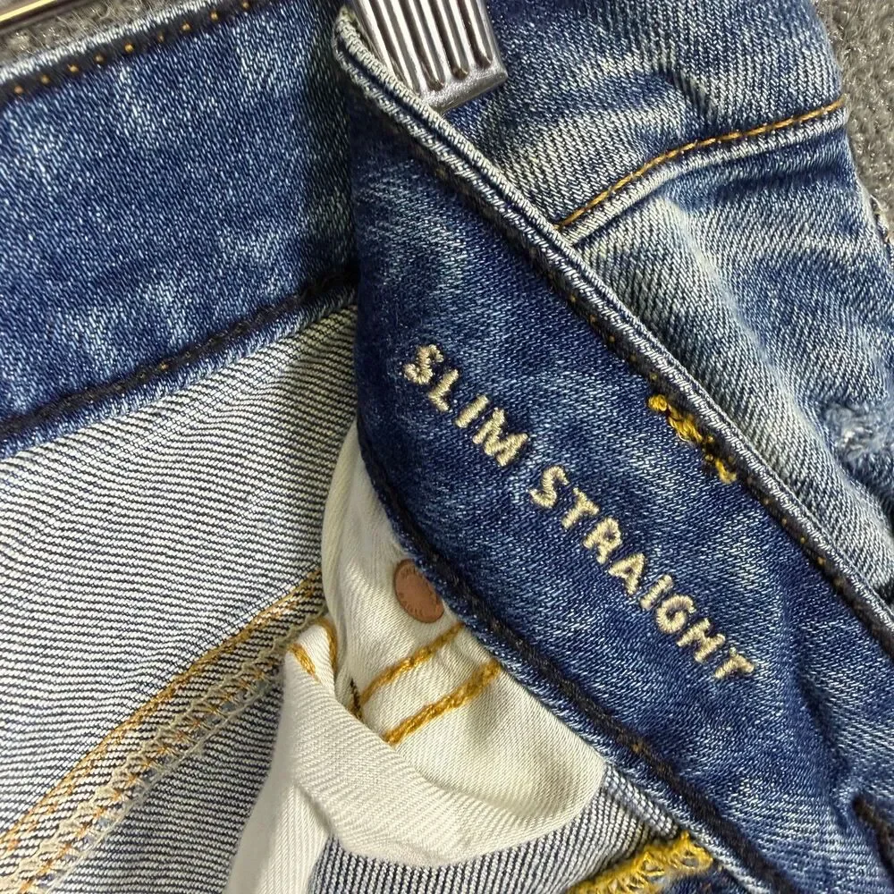 American Eagle Men's Slim Straight Jeans Airflex+ 34x28 Distressed Ripped Blue